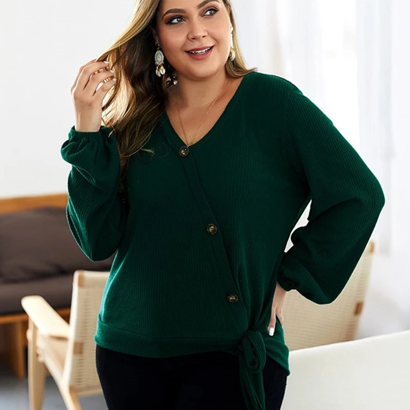 Вязаный свитер для девушек Вязанный с v-образным вырезом длинный рукав