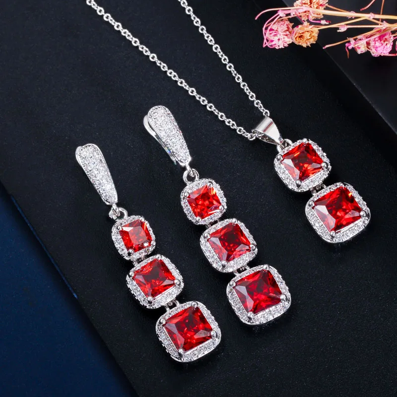 Silver Red CWWZircons Элегантный квадратный Королевский синий кубический цирконий висячие серьги подвеска ожерелье дамский костюм Ювелирные наборы T354 - Окраска металла: Silver Red