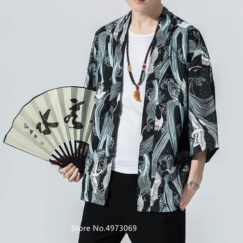 

Chinese Style Chinese Painting Printed Men's Cardigan Tang Suit Loose Seven-point Sleeve Japanese Style Large Size Kimono Robe
