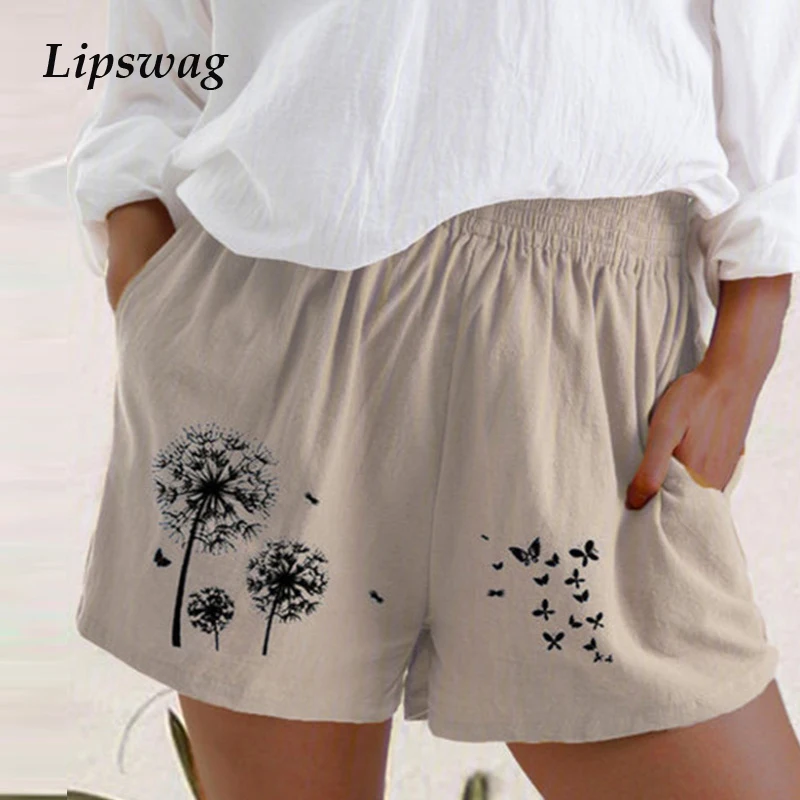 

Casual Loose Linen Cotton Shorts Women 2021 Spring New Fashion Dandelion Butterfly Printed Loose Shorts Elegant Ladies Homewear