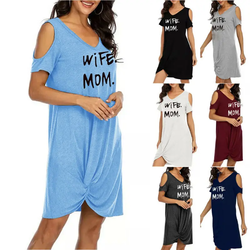 

Women V-Neck Cold Shoulder Letter Print Short Dress Ladies Casual Summer Dresses