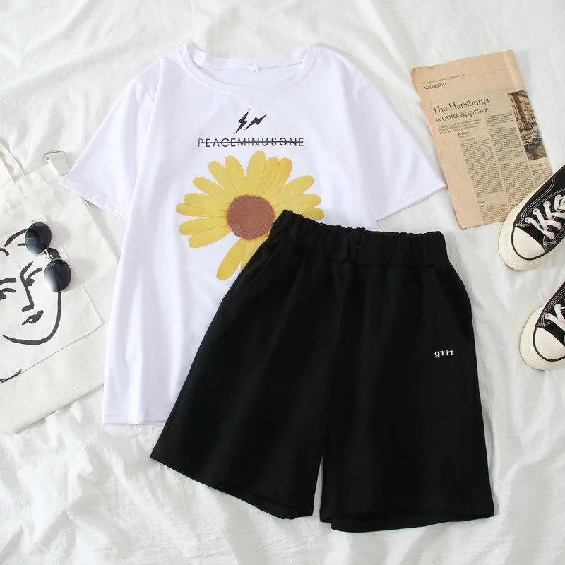 

Summer Two Pieces Casual Loose Short Sleeve+Short Pant Homewear Suit Women's Black Clothes Top T-Shirts Set
