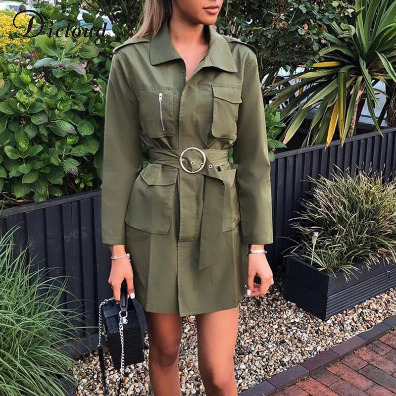 DICLOUD мини платье рубашка в армейском стиле с зеленым ремнем женская повседневная