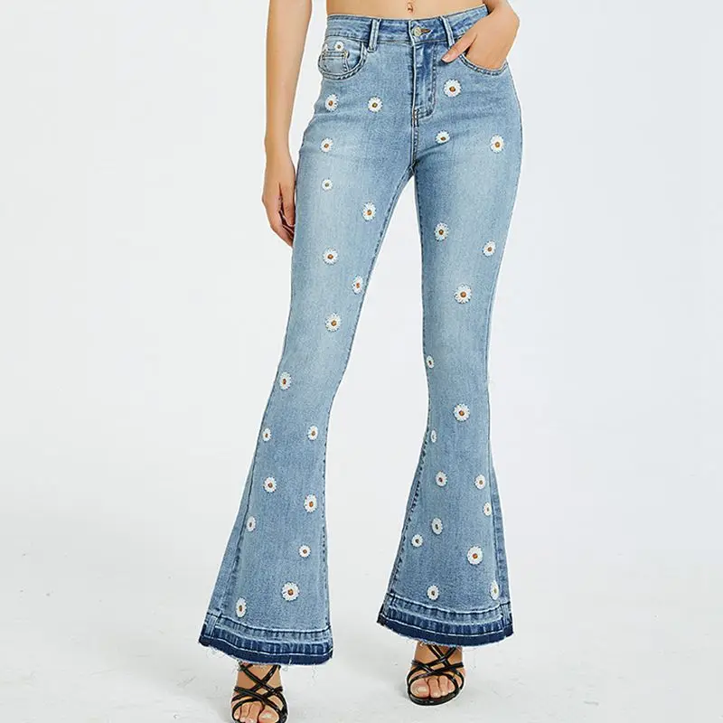Уличные стильные оригинальные новые женские джинсовые широкие брюки с вышивкой