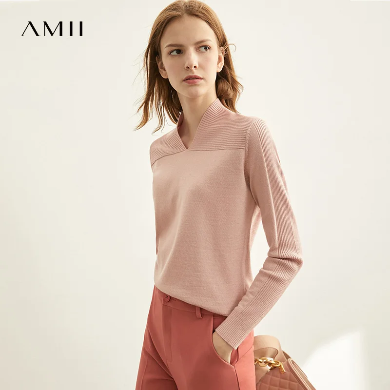 Женская Вязаная рубашка Amii Повседневный свитер с длинными рукавами и V-образным