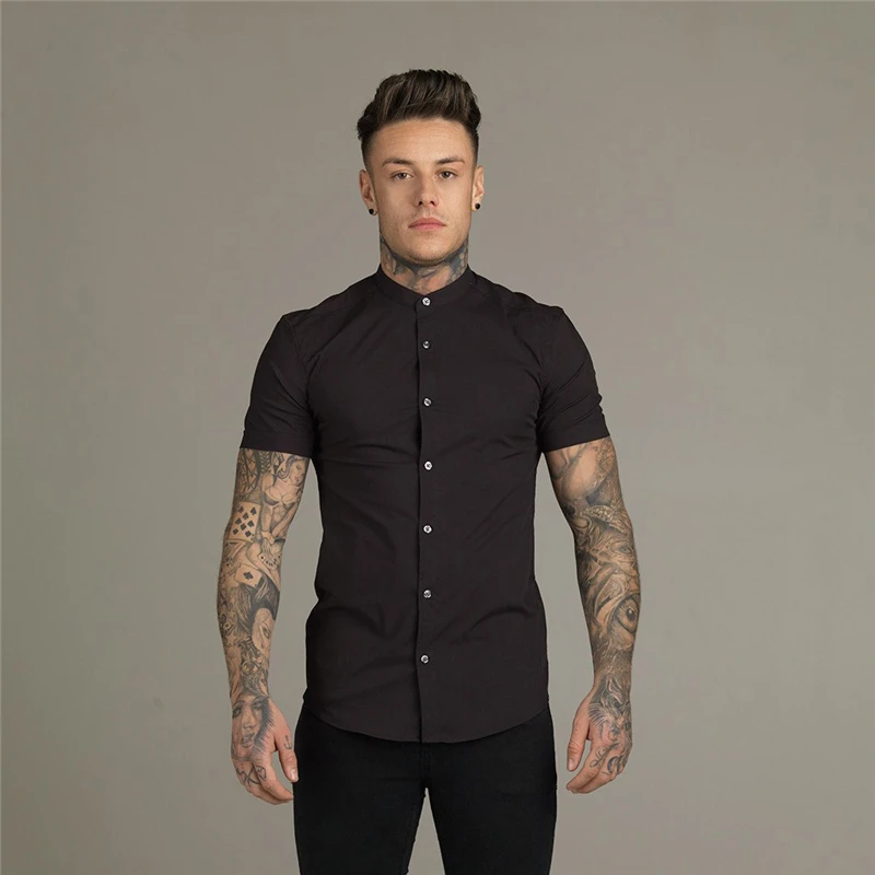 

Mens Gym Fitness Sports Clothing New Summer Men Fashion Short Sleeve Solid Shirt Slim Fit Male Social Business Dress Shirt Brand