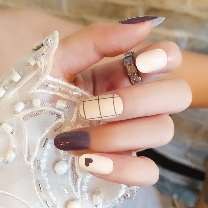 Новые модные длинные круглые накладные ногти с полным покрытием серые белые