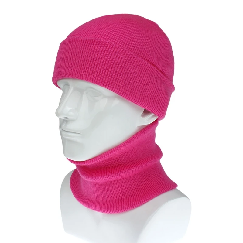 

Men Women Winter Ribbed Knitted 2 Pieces Beanie Hat Circle Scarf Set Fluorescent Neon Solid Color Cuffed Ski Skullies Cap Neck W