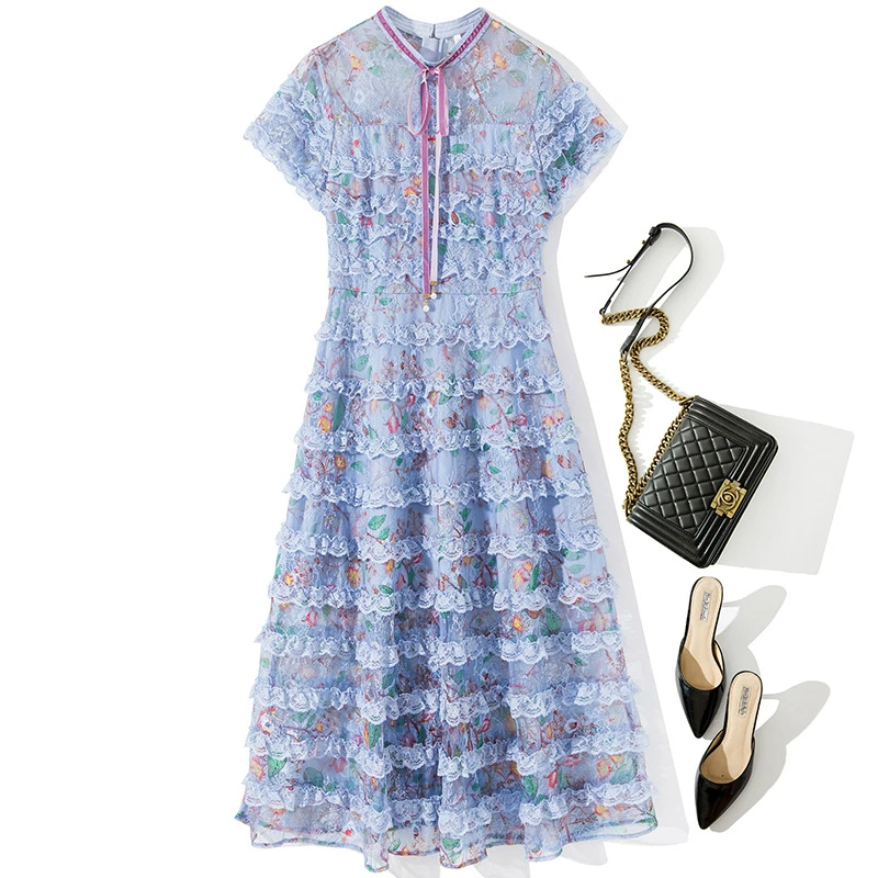 

Women Summer Lace Stitching Printed Maxi 2020 Fashion Short Sleeves Perspective Plus Size Floral Long Dress