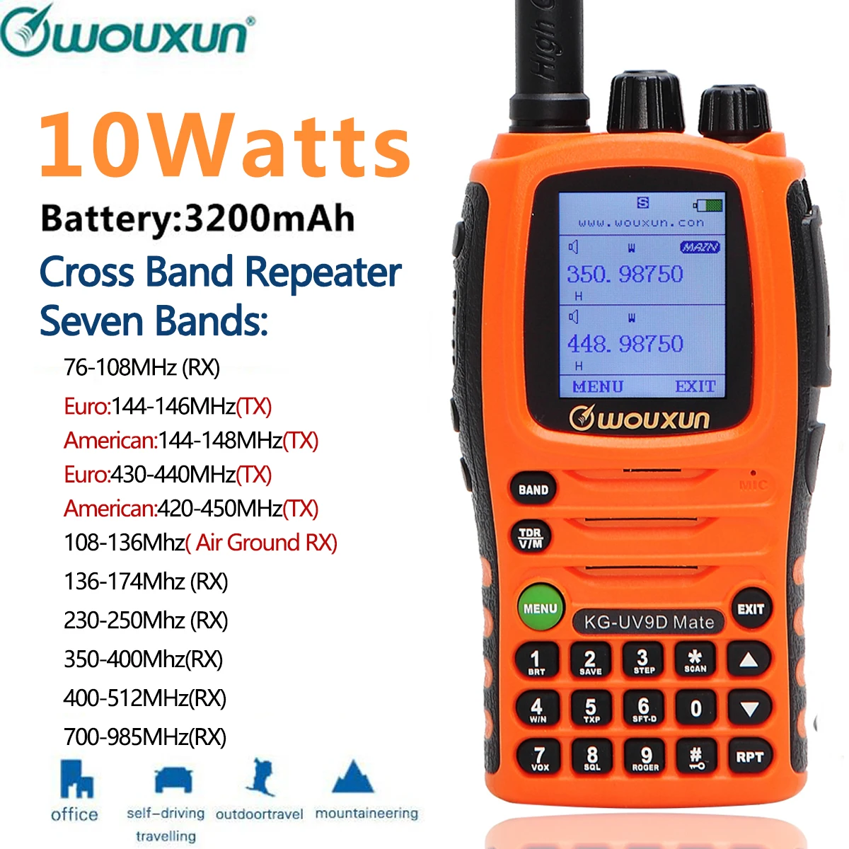 Wouxun KG UV9D Коврики 10 Вт Мощный 3200 мАч 7 полос AirBand ремешки крест накрест ретранслятор