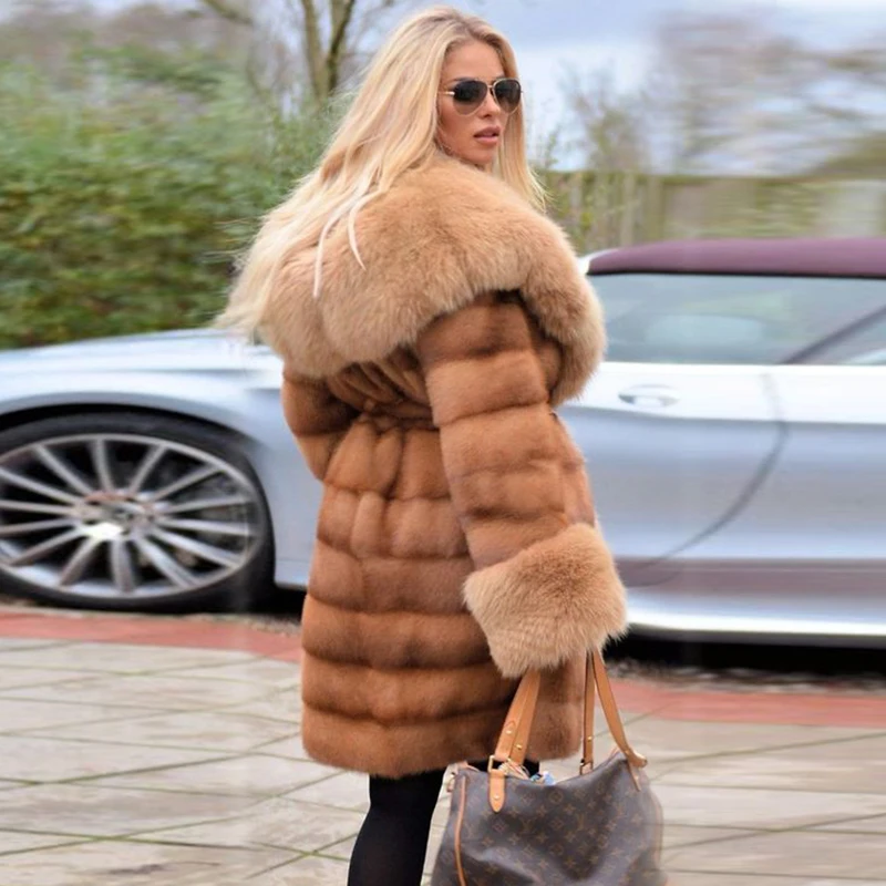 Luxury Fashion Women Genuine Mink Fur Coat Long With Big Hood Natuarl Full Pelt Real Mink Fur Jacket With Fox Fur Collar Cuff