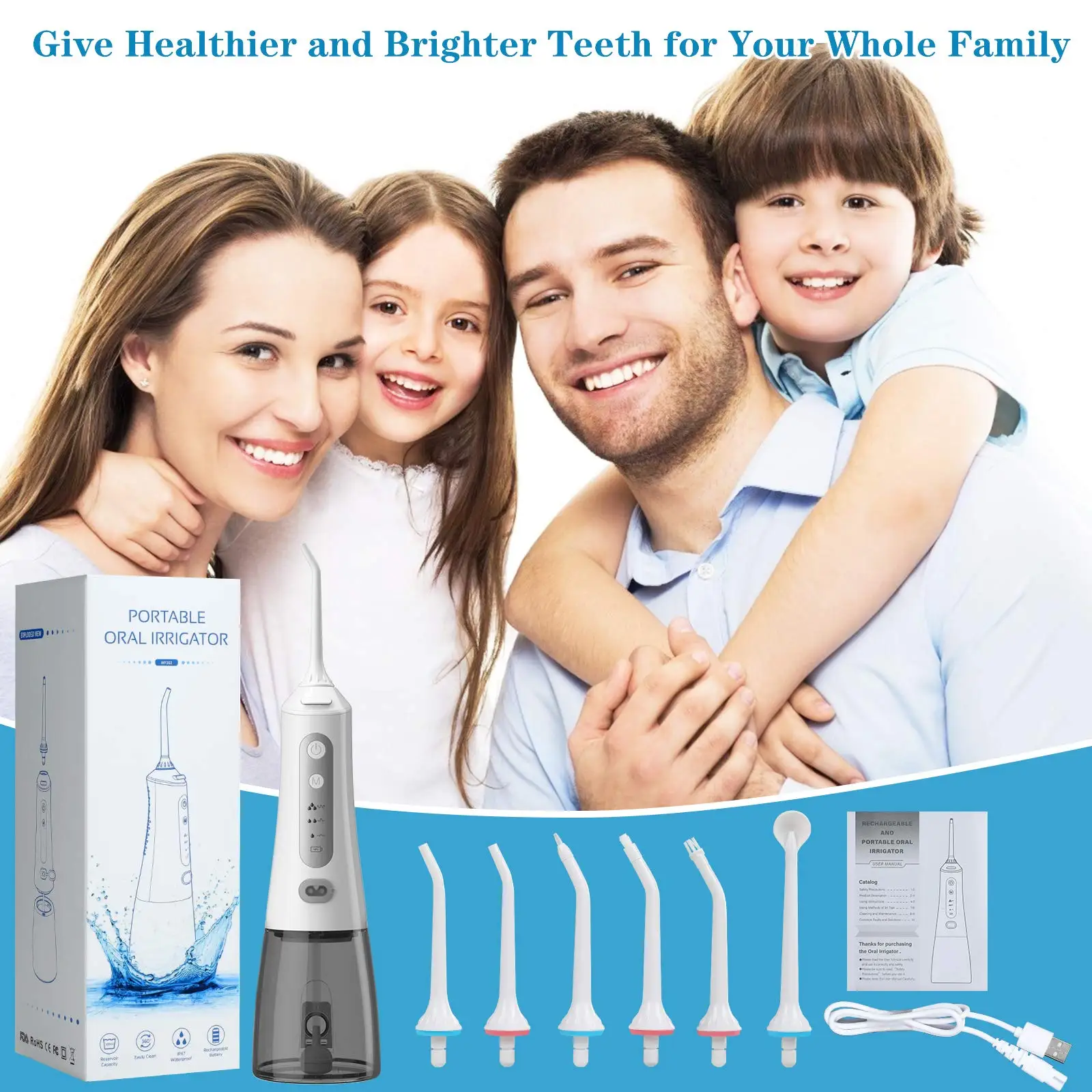 

Irrigator USB Rechargeable Water Flosser Portable Dental Water Jet 300ML Water Tank Waterproof Teeth Cleaner