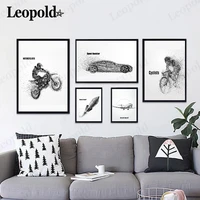 abstract transportation canvas poster motorcycle airplane car black and white gradient painting wall art modern home room decor
