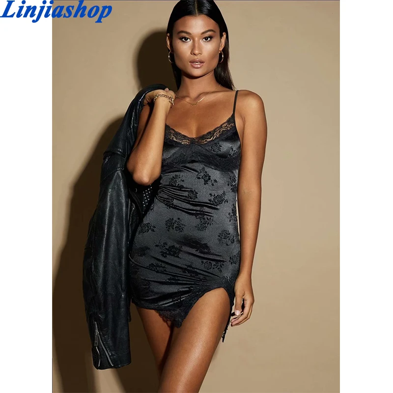 

Элегантное Черное мини-платье со шнуровкой на бретельках с открытой спиной сексуальное платье для вечеринки женское атласное летнее женск...