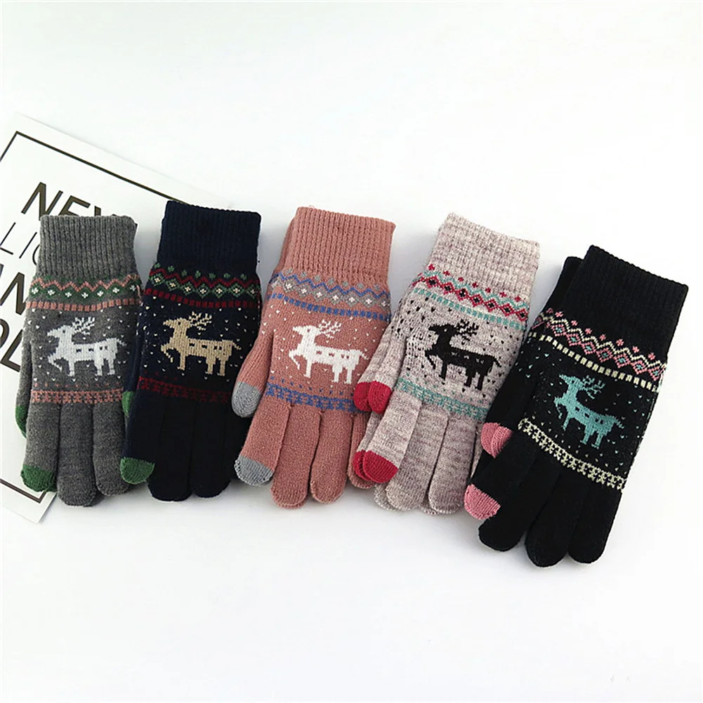 Рождественские вязаные перчатки для девочек с сенсорным экраном зимние теплые
