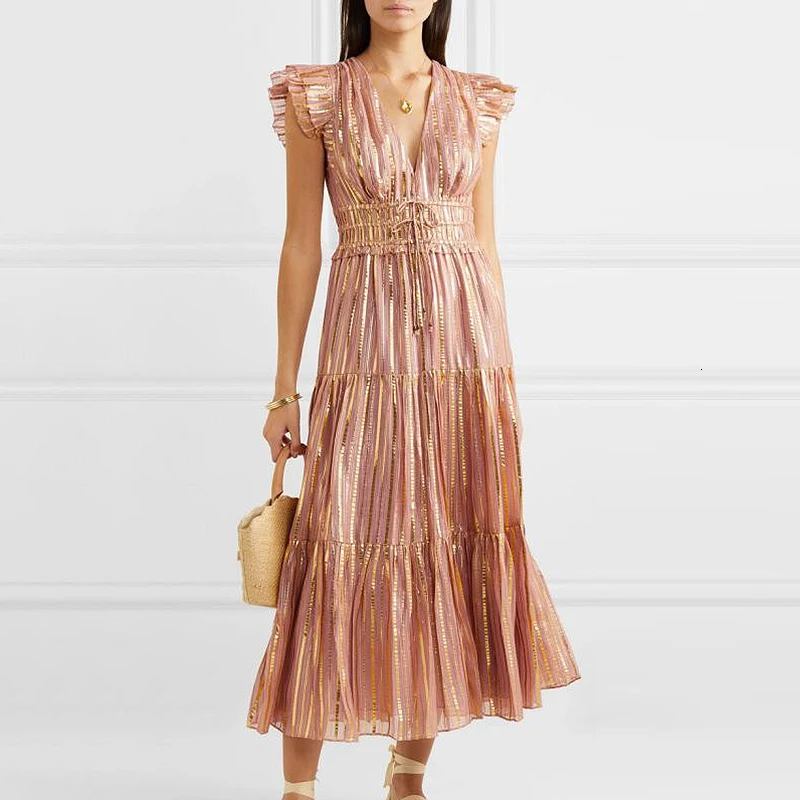 Женское Полосатое платье с оборками летнее металлическое средней длины высокой