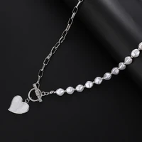 elegant cool girl heart pendant necklace patchwork layer pearls alloy chain neck retro women girls jewelry accessories