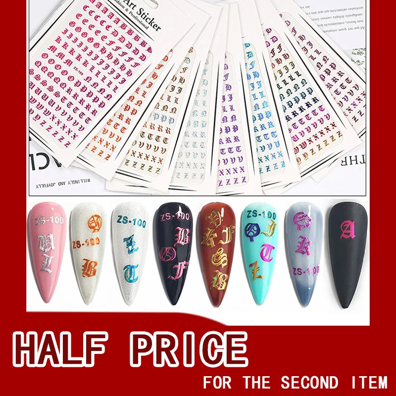 

8 Styles Gothic Style Nail Sticker Punk Retro Color 3DWaterproof and Durable European and American Nail Sticker Old English Font