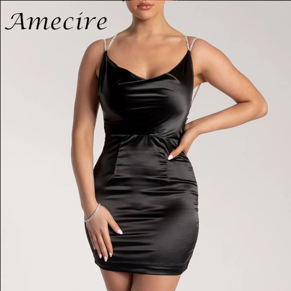 Женское сексуальное черное атласное платье Amecire для ночного клуба Шикарное