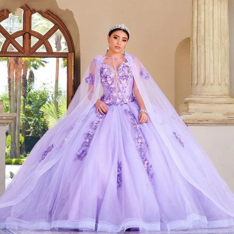 

ELegant Lilac Quinceanera Dresses with Cloak Lace Appliqued Beaded Corset Vestido De 15 Anos Puffy Skirt Sweet 16 Dress