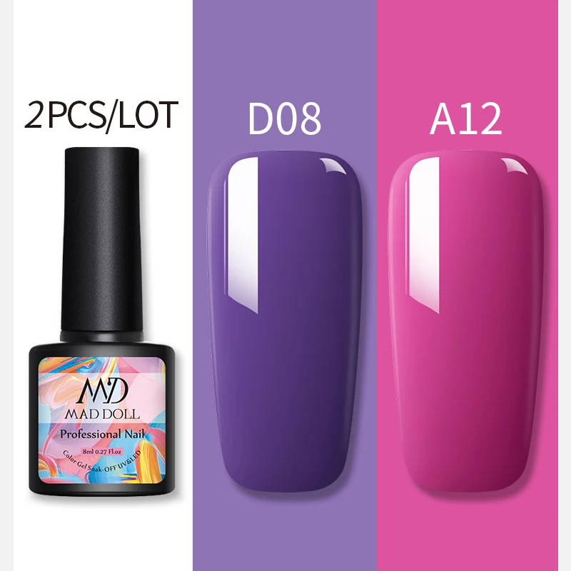 D08A12 2 бутылки 8 мл MAD DOLL УФ-гель для ногтей чистый цвет и Блестящие Блестки долговечный впитывающий Гель-лак для нейл-арта - Цвет: D08A12