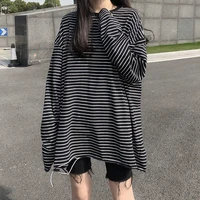 vintage striped long sleeve women t shirt loose korean fashion ripped hole basic all match casual oversized clothes winter white