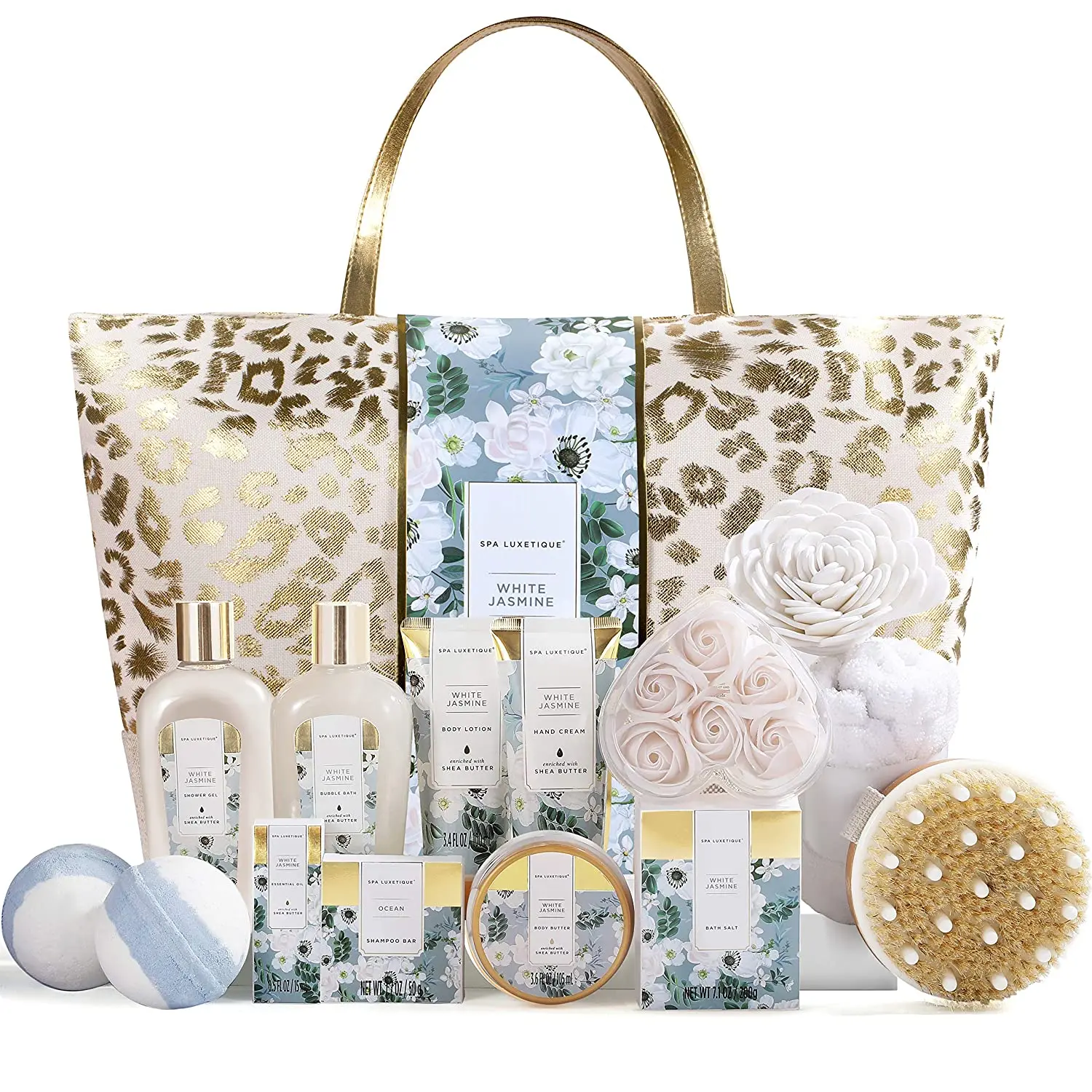 White Jasmine Spa Gift Basket for Women, 15pcs Bath and Body Set with Shower Cap, Essential Oil, Bath Salt, Bubble Bath