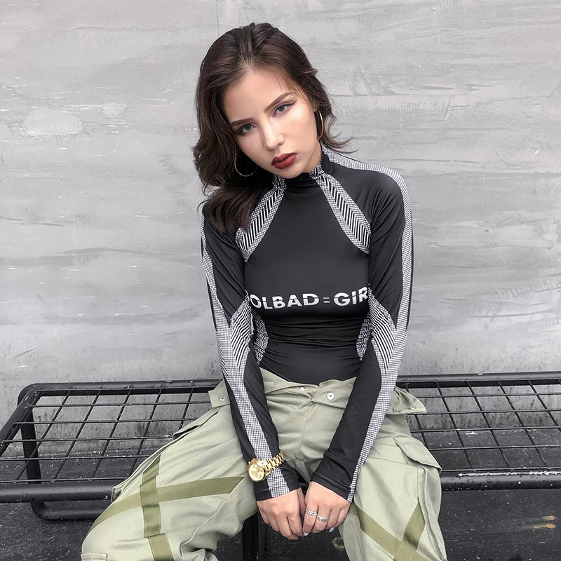 HEYounGIRL черные женские облегающие комбинезоны с длинными рукавами и высоким воротом, повседневные облегающие комбинезоны с принтом, женские осенние боди с высоким воротом
