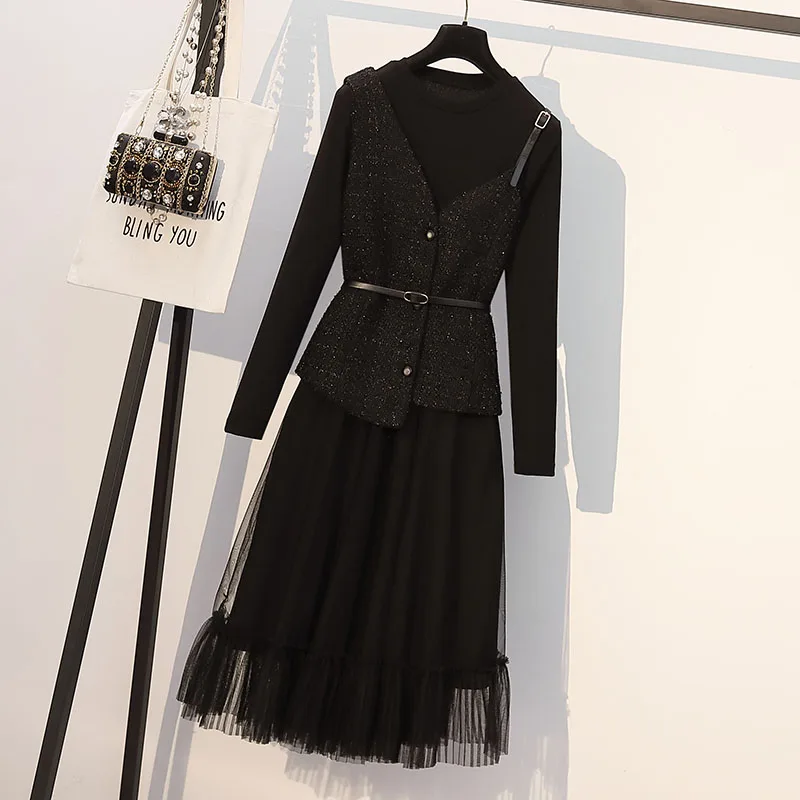 Осенний женский элегантный костюм жилет и платье средней длины с длинным рукавом