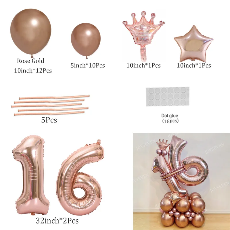 

32 шт., набор фольгированных шаров с номером розового золота, металлические латексные шары для дня рождения 16, 18, 25, 30, 40, 50 украшений для дня рождения