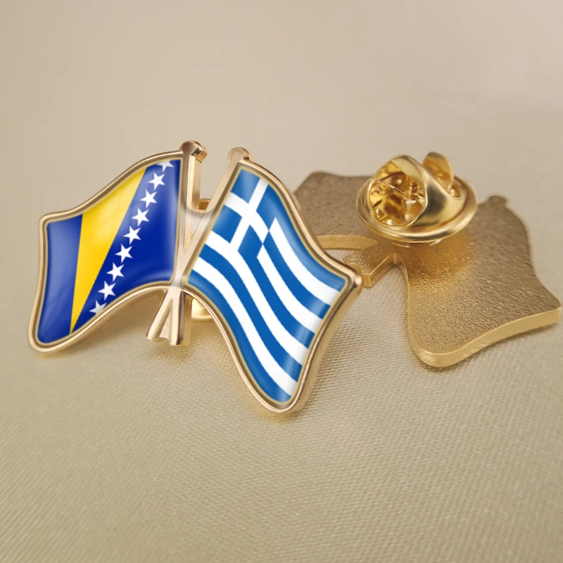 

Bosnia and Herzegovina and Greece Crossed Double Friendship Flags Lapel Pins Brooch Badges
