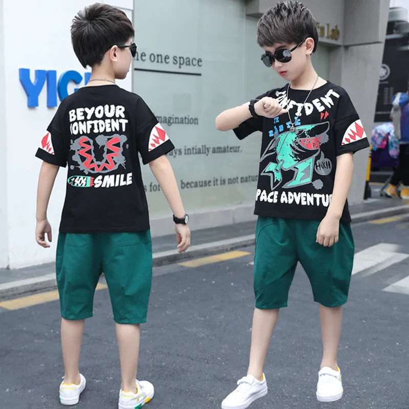 

summer new children's clothing boy suit shark short-sleeved sports big boy two-piece handsome suit boy boutique outfits BT26