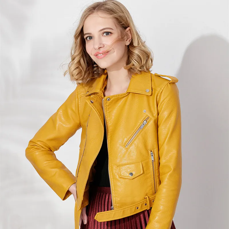 Куртка женская из искусственной кожи с длинным рукавом на молнии 2019|Кожаные