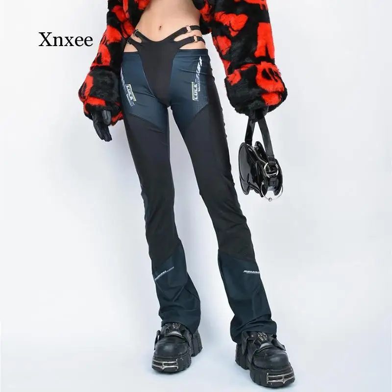 

Уличные модные бандажные повседневные брюки с буквенным принтом, 2021, прямые брюки контрастных цветов с высокой талией, Капри, Y2K одежда