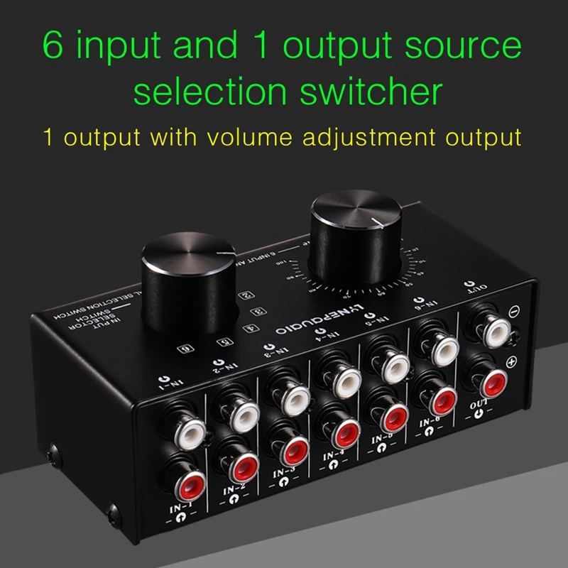 

6 Input 1 Output Switcher Audio Source Selection Switcher RCA Audio Input Signal Selector Switch with Volume Adjustment and Manu