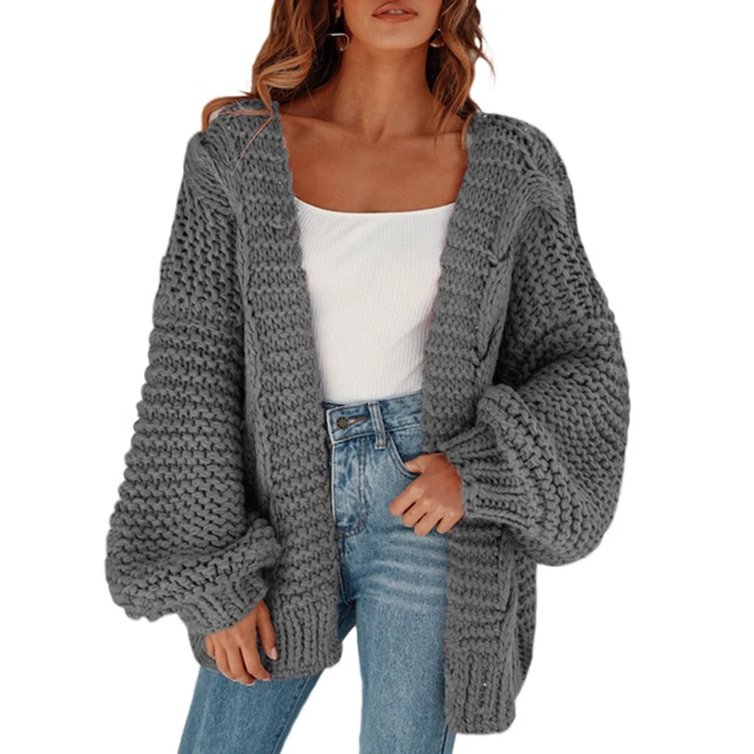 

Autumn 2020 New Women's Long Cardigan Solid Color Lantern Sleeve Sweater Jacket Women's Knitted Jacket Jacket Casual Sweater