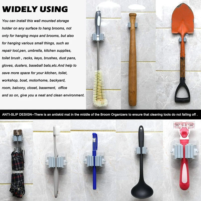 Набор из 8 держателей и крючков для швабры настенный захват метлы самоклеящийся
