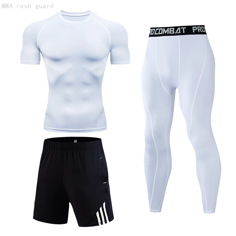 

Men's Running Suit Brand Summer Short Tracksuit Gym T-shirt Fitness Pants 3-piece Sports Set Quick Dry Compression Sportswear