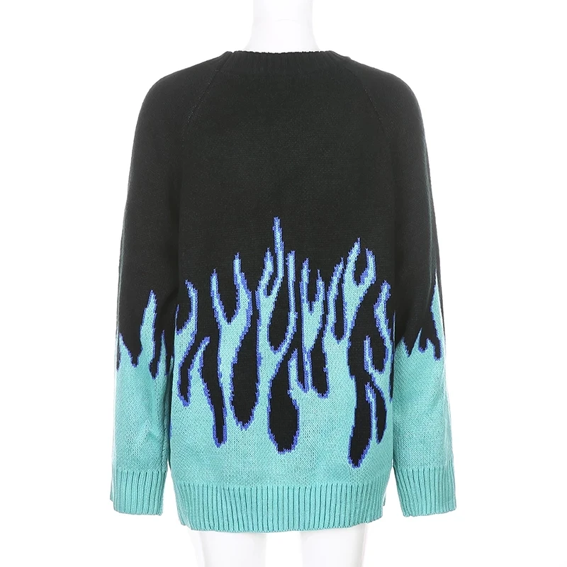 

Flaming Fire Print Oversize Long Sweater Women Knitwear Fashion Clothes Long Sleeve Autumn Winter Knitted Jumpers