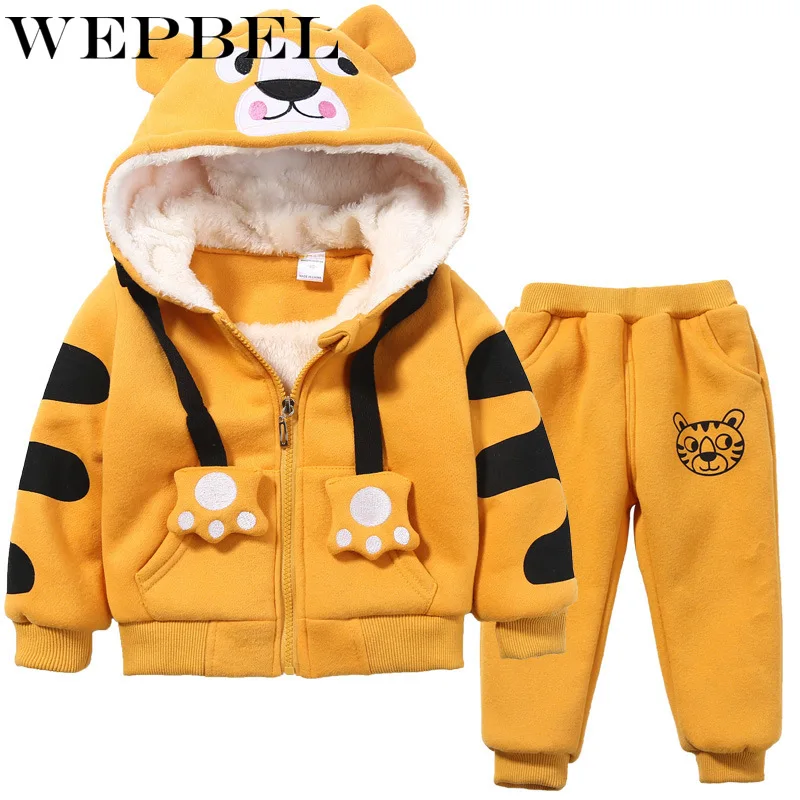 WEPBEL Cute Boys Girls Cartoon Tigers Clothing Suits Baby Plus Velvet Hoodies Pants 2Pcs Sets Kids Toddler Winter Sports Clothes | Детская