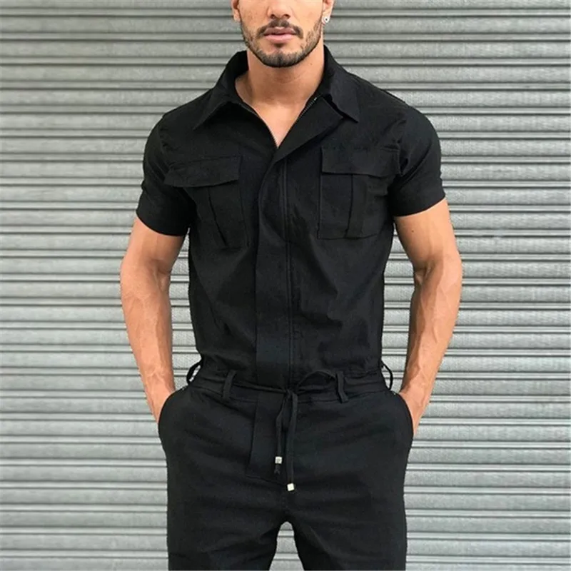 2021 Fall Men Short Sleeve Basic Work Coverall Male Pure Color Cargo Overalls Casual Street Wear Jumpsuit Men's Fashion Overalls