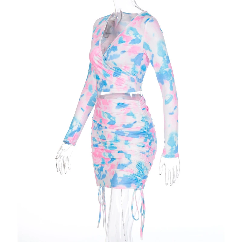 

Women's V-Neck Long Sleeve Midriff-baring T-shirt with drawstring skirt printed set