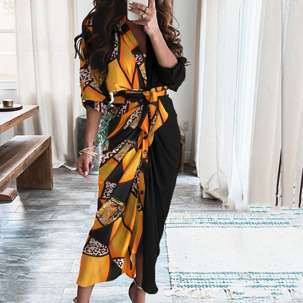 

Women Elegant Slim Party Club Maxi Dress V Neck Half Sleeve Print Patchwork Button Lace Up Bow Folds Office Lady Slim Dresses