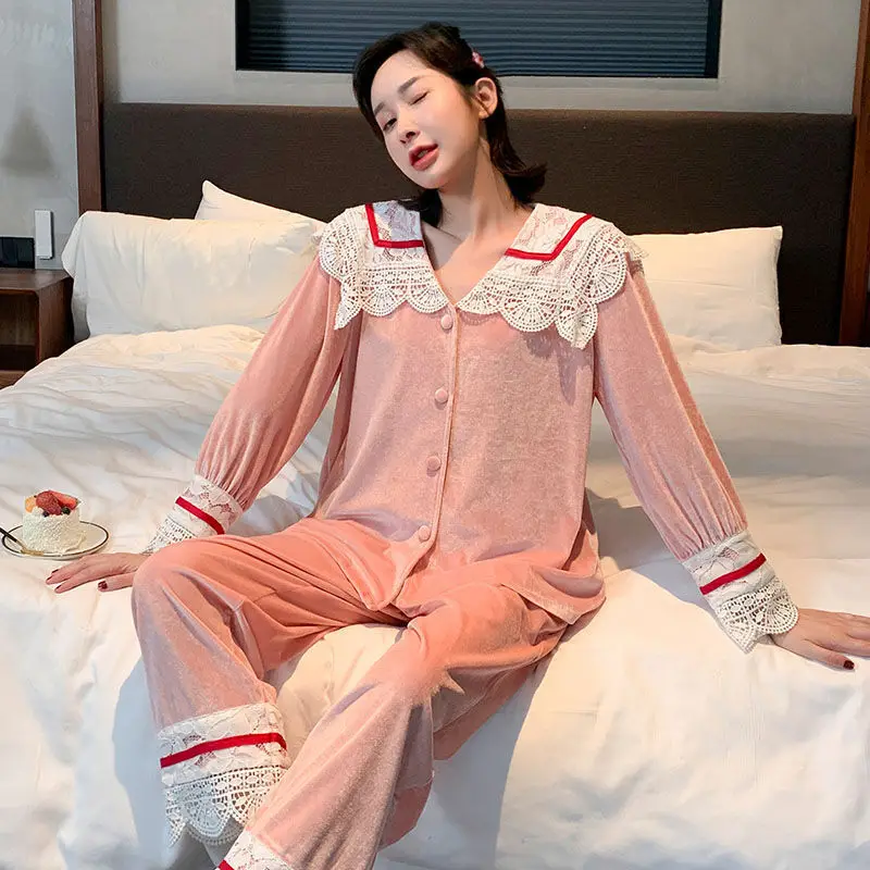 

Cute Lace Pajamas Set Women's Long-sleeved Pyjamas Thick Velvet Solid Sleepwear Korean Simple Home Winter Wear Casual Loungewear
