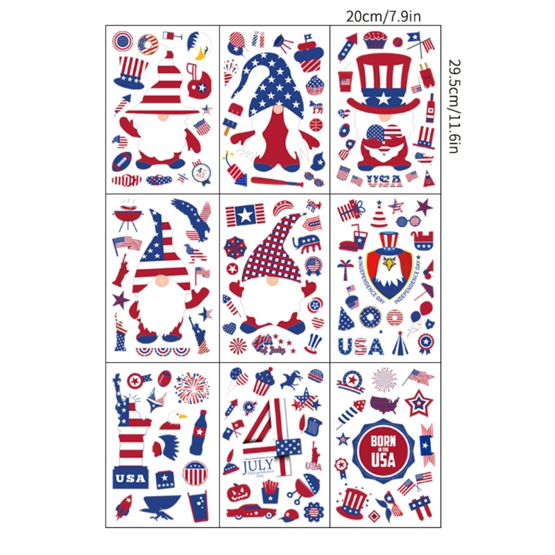 

9 Sheets American Stickers Gnome Tomte Independence Day Decals for Wall Window Luggage Bike Bicycle Car Waterproof Vinyl Sticker