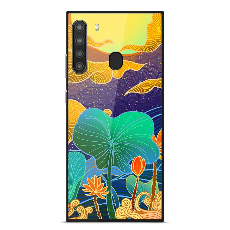 

For Samsung A21 Case Fashion Painted Tempered glass protection Shockproof Back Cover For Samsung A21 SM-A215 Silicone Frame Case