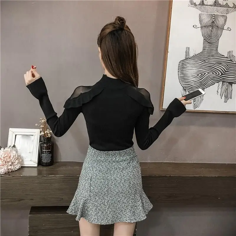 2019 Women Casual Solid Mesh Sweater Elasticity Long Sleeve Ruffles Slim Turtleneck Knitted Pullovers Jumper | Женская одежда