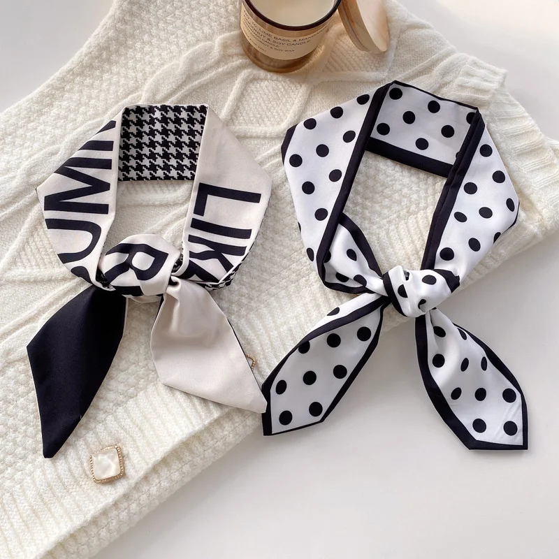 

French Gentle Elegant Chiffon Silk Tie Letter Print Bag Ribbon Women Narrow Long Scarf 95x6cm Chic Headband Choker