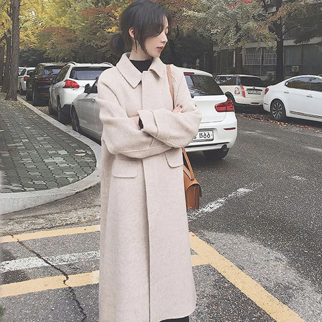 Women Work Solid Vintage Winter Office Long Sleeve Button Woolen Jacket Coat
