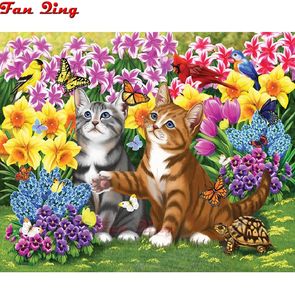 Самостоятельная 5D алмазная мозаика Пейзаж крестиком Котенок Цветы Вышивка Бабочка Черепаха Картина Домашний декор